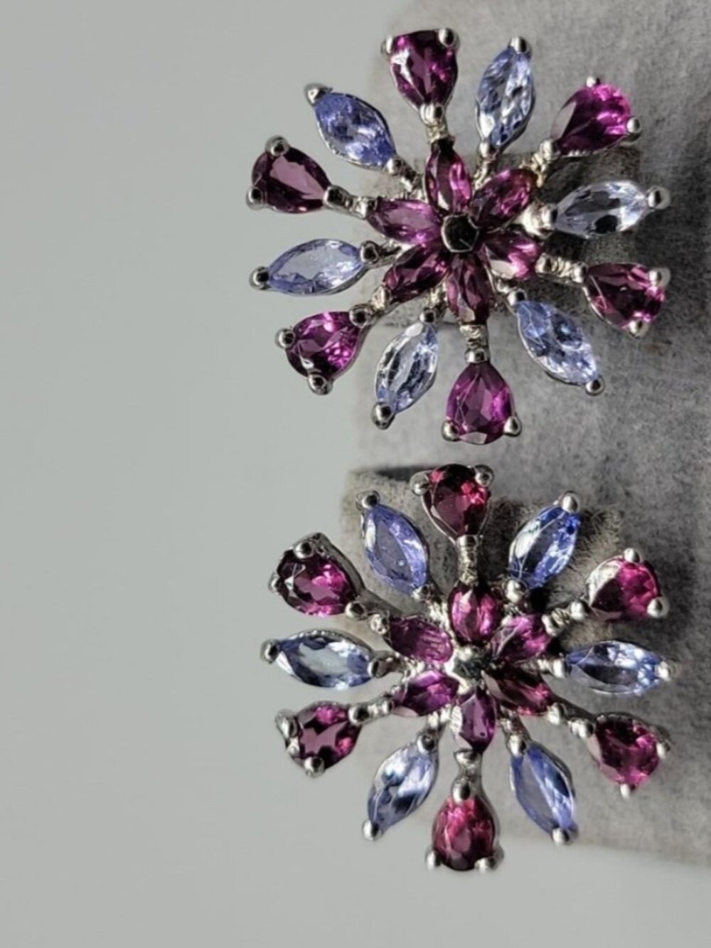 Sterling Silver Tanzanite Rhodolite Garnet Snowflake Starburst Cluster Earrings - Picture 6 of 10
